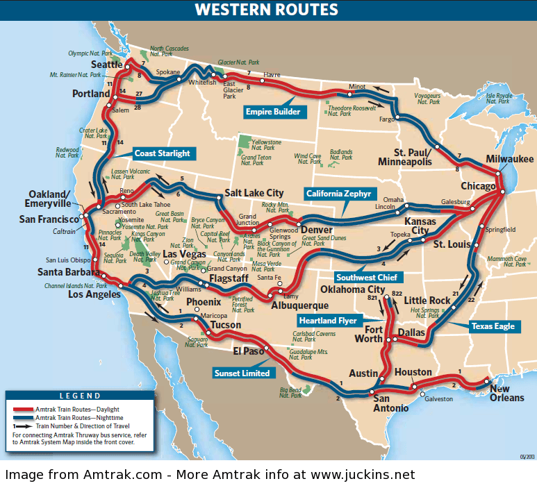 Amtrak Western Routes map showing Empire Builder, Coast Starlight, California Zephyr, Southwest Chief, and Sunset Limited